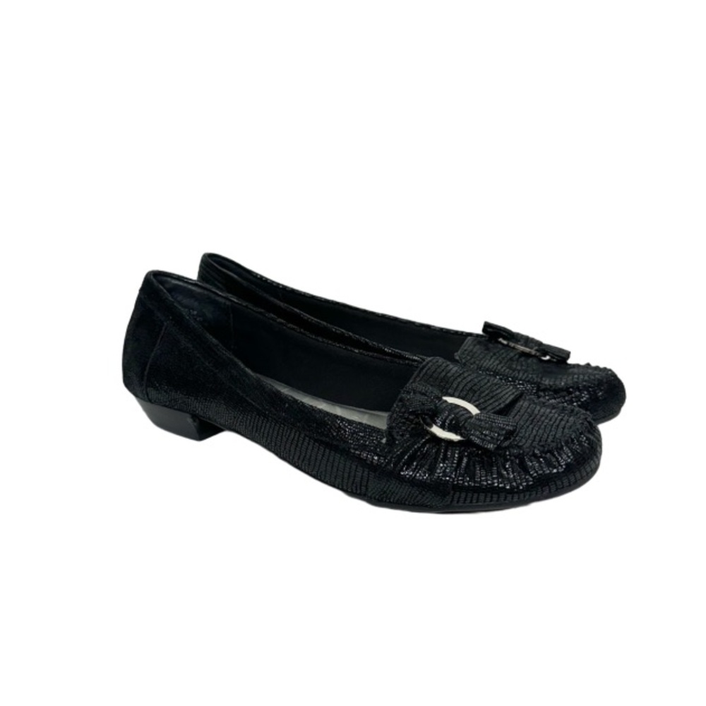 Anne Klein Iflex Kelsie Black Leather Loafers Bow & Ring Detail Round Toe Sz 8.5
